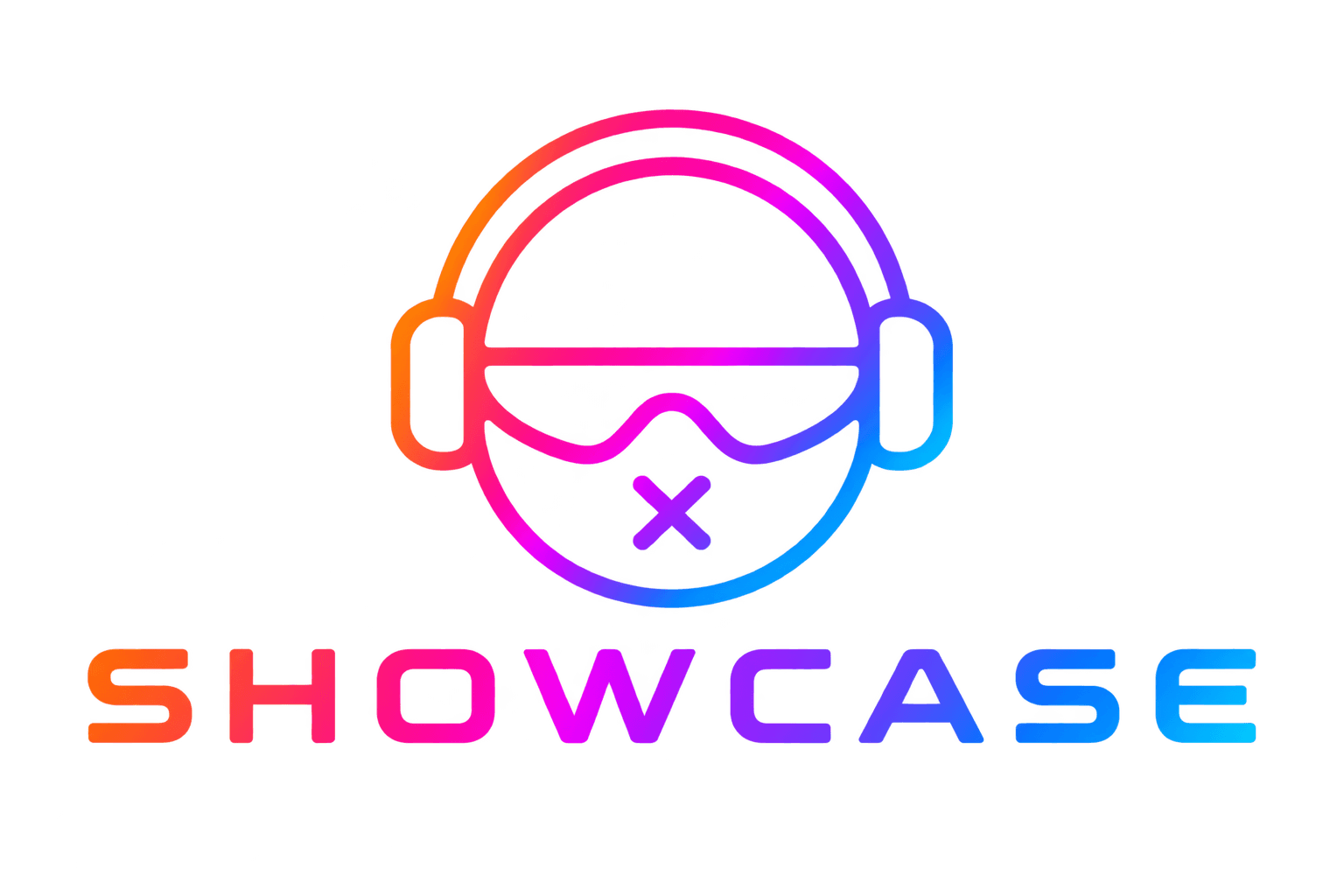 Showcase headphones logo glowing in orange, pink, violet, and blue